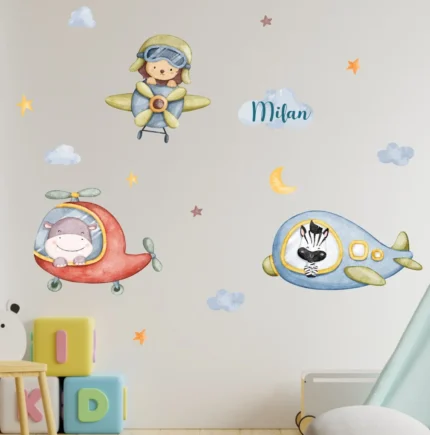 Sticker copii personalizat cu nume tematica Aviatia